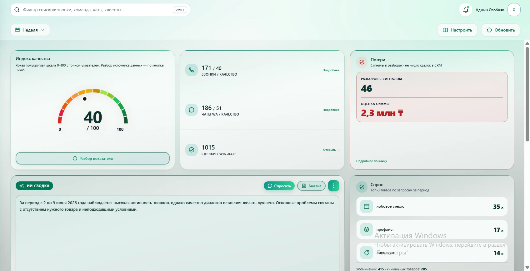 Дашборд AI ROP с аналитикой отдела продаж